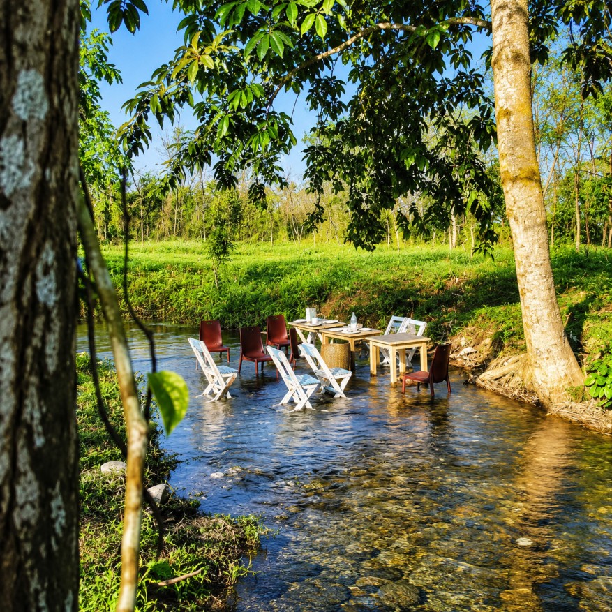 Outdoor dining tables and chairs placed in a clear shallow stream surrounded by trees at Digaru Eco Resort.
