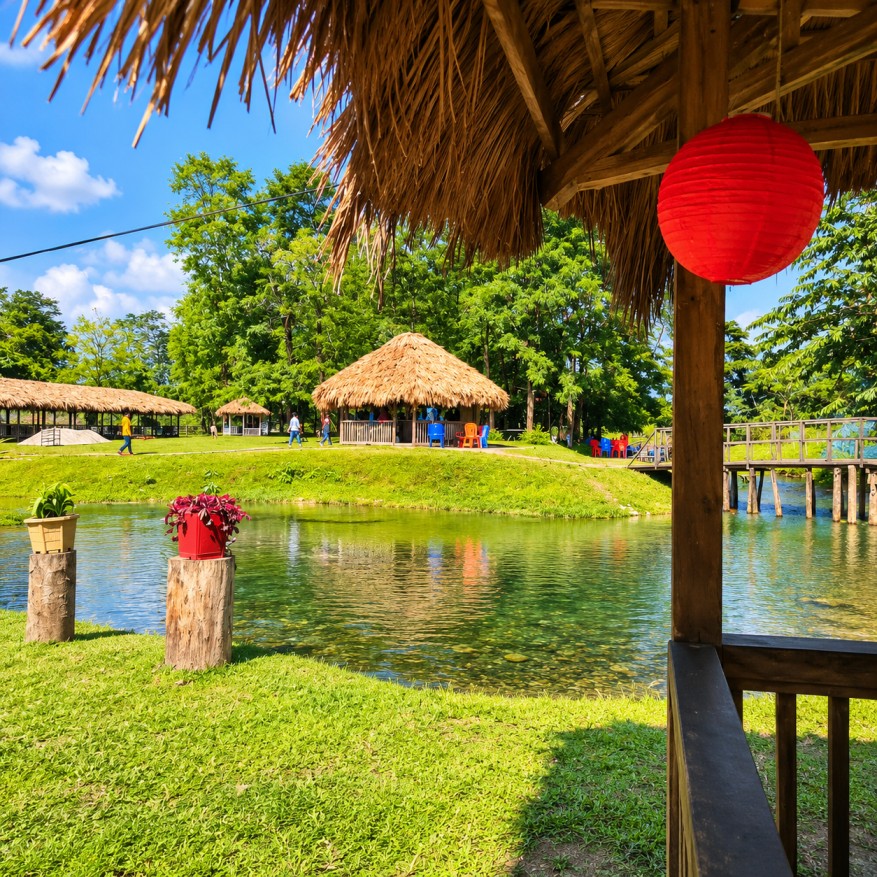 Thatched cottages, green lawns and a clear water channel at Digaru Eco Resort in Tezu, Arunachal Pradesh.